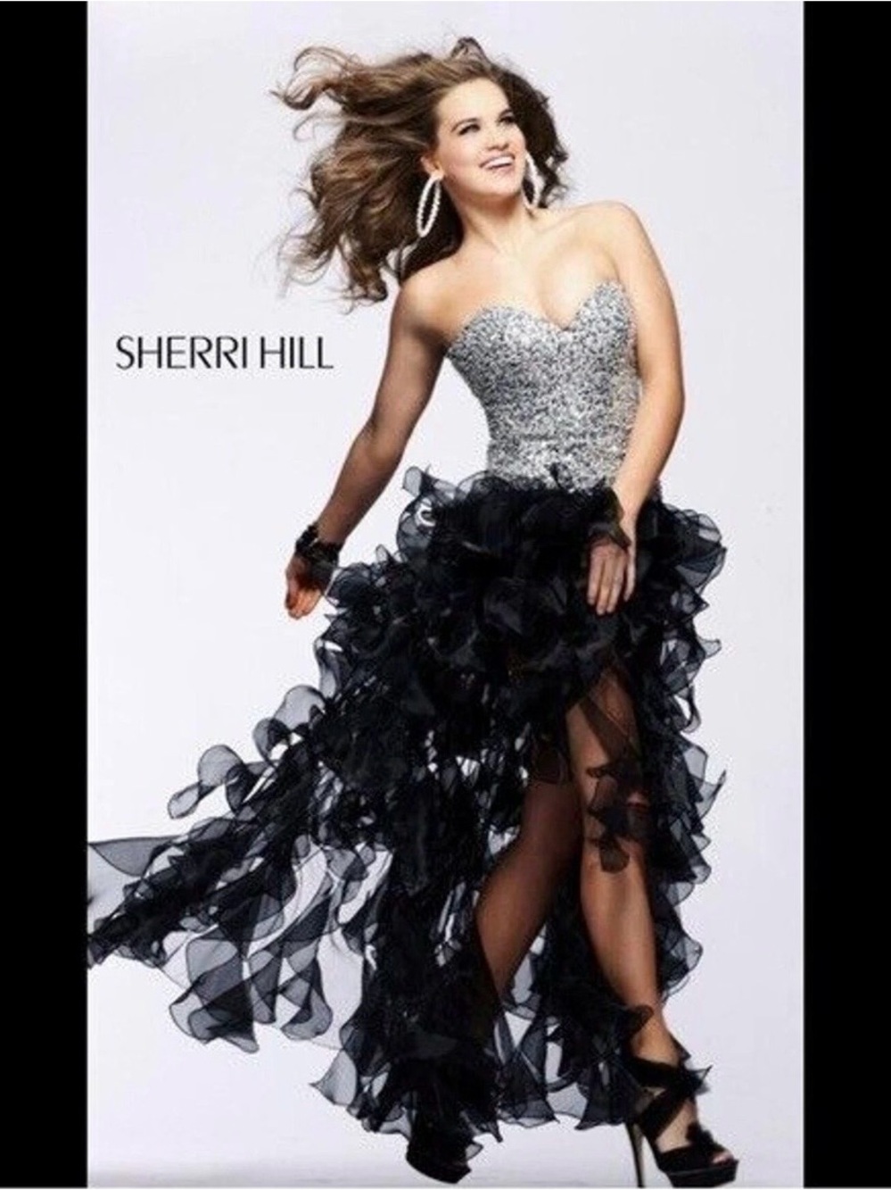 Sherri Hill Black Gold Silver Bling Sz 0 High Low Slit Ruffle Dress